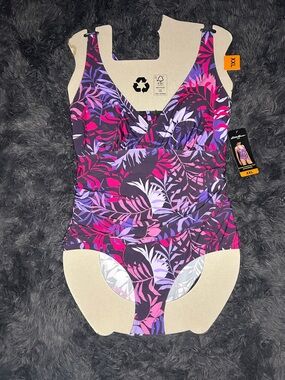 Eddie Bauer One-Piece Swimsuit in Purple and Pink Leaf Print